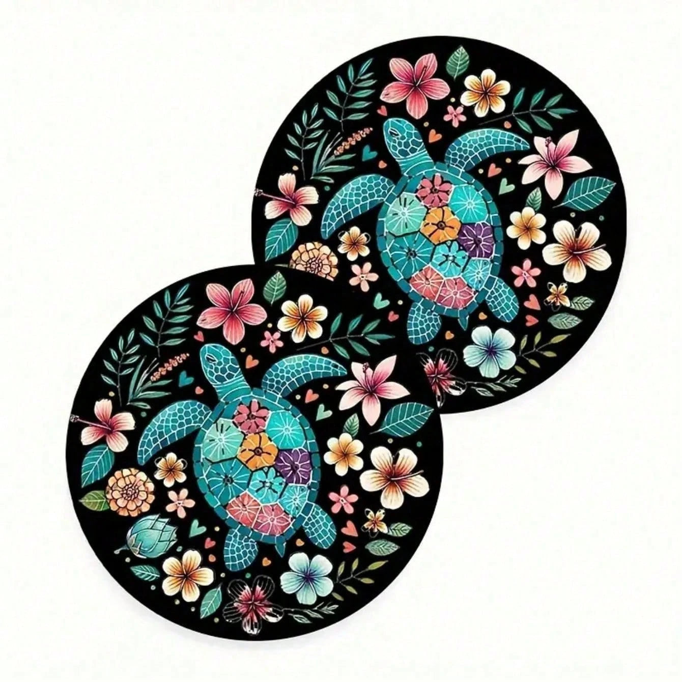 Set Of 2 Turtle-Themed Car Coasters Featuring Vibrant Flowers On A Black Backdrop, Perfect As A Gift For Any Season. Stylish And Waterproof, These Turtle Cup Holders Are Convenient To Transport.