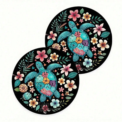 Set Of 2 Turtle-Themed Car Coasters Featuring Vibrant Flowers On A Black Backdrop, Perfect As A Gift For Any Season. Stylish And Waterproof, These Turtle Cup Holders Are Convenient To Transport.