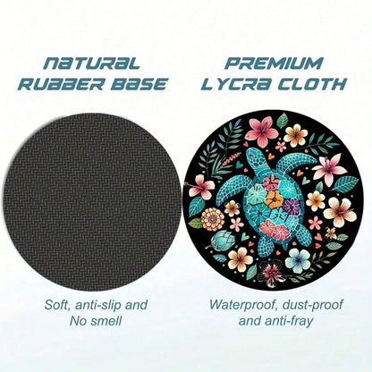 Set Of 2 Turtle-Themed Car Coasters Featuring Vibrant Flowers On A Black Backdrop, Perfect As A Gift For Any Season. Stylish And Waterproof, These Turtle Cup Holders Are Convenient To Transport.
