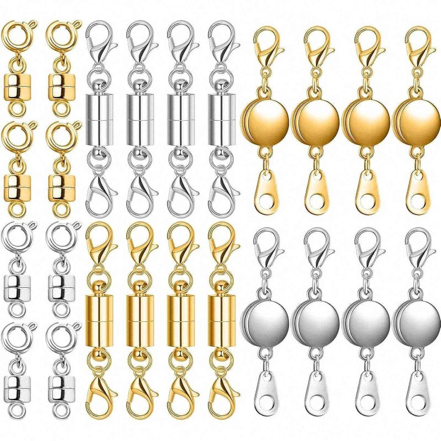 Set Of 24 Magnetic Necklace Fasteners In 3 Designs, Including Round, Cylindrical, And Tubular Styles.These Magnetic Clasps Serve As Connectors And Locking Mechanisms For Bracelet Extensions, Suitable