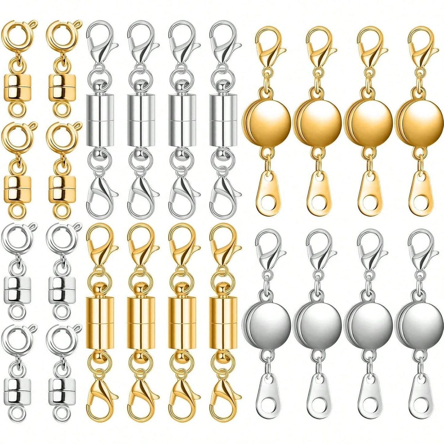 Set Of 24 Magnetic Necklace Fasteners In 3 Designs, Including Round, Cylindrical, And Tubular Styles.These Magnetic Clasps Serve As Connectors And Locking Mechanisms For Bracelet Extensions, Suitable