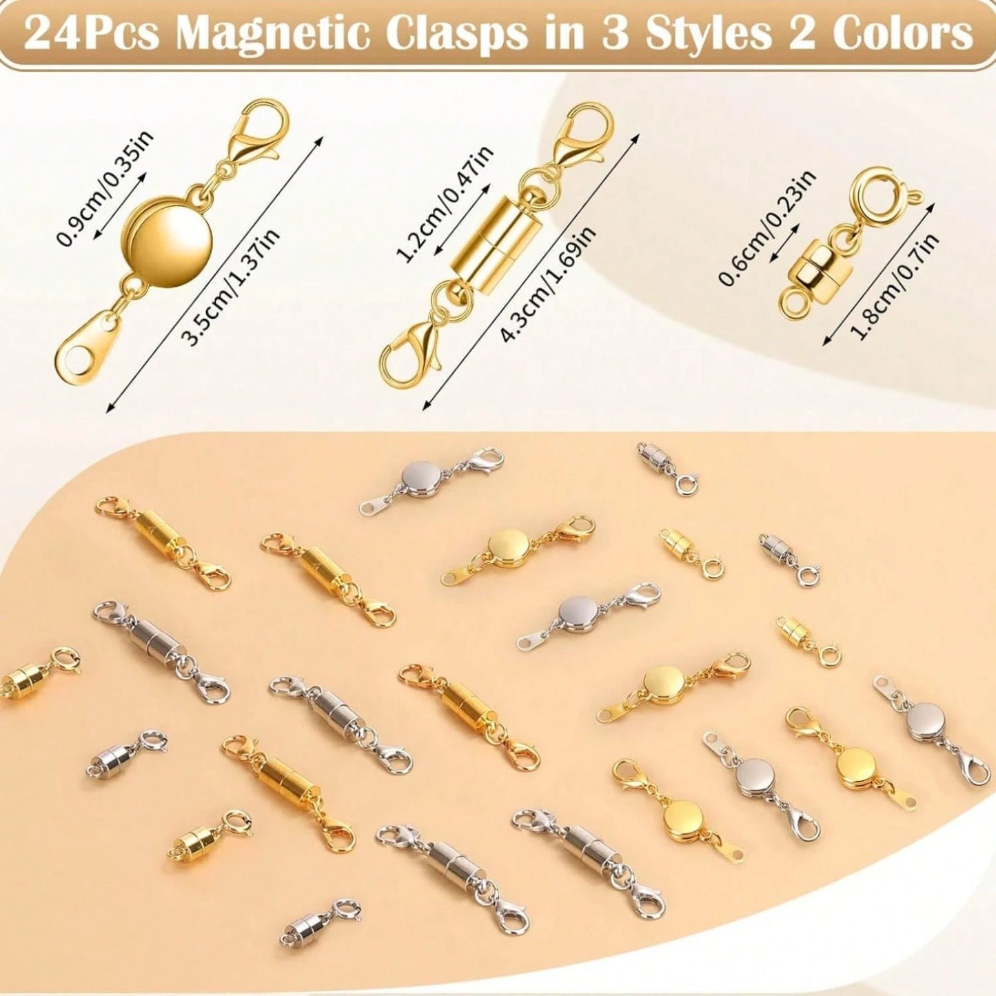 Set Of 24 Magnetic Necklace Fasteners In 3 Designs, Including Round, Cylindrical, And Tubular Styles.These Magnetic Clasps Serve As Connectors And Locking Mechanisms For Bracelet Extensions, Suitable