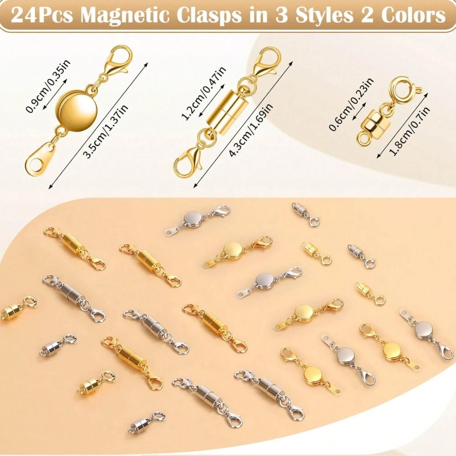 Set Of 24 Magnetic Necklace Fasteners In 3 Designs, Including Round, Cylindrical, And Tubular Styles.These Magnetic Clasps Serve As Connectors And Locking Mechanisms For Bracelet Extensions, Suitable