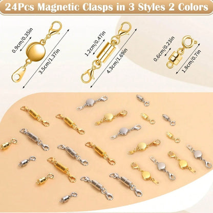 Set Of 24 Magnetic Necklace Fasteners In 3 Designs, Including Round, Cylindrical, And Tubular Styles.These Magnetic Clasps Serve As Connectors And Locking Mechanisms For Bracelet Extensions, Suitable