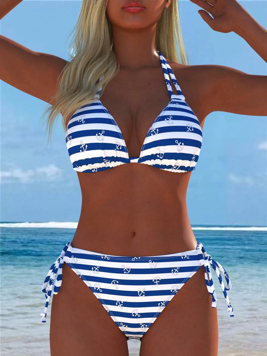 Sexy Casual Women's Halter Bikini Set, Navy Stripe & Anchor Print Tie Swimwear, New Arrival, Holiday Summer Vacation Travel Outfit, Coastal Style