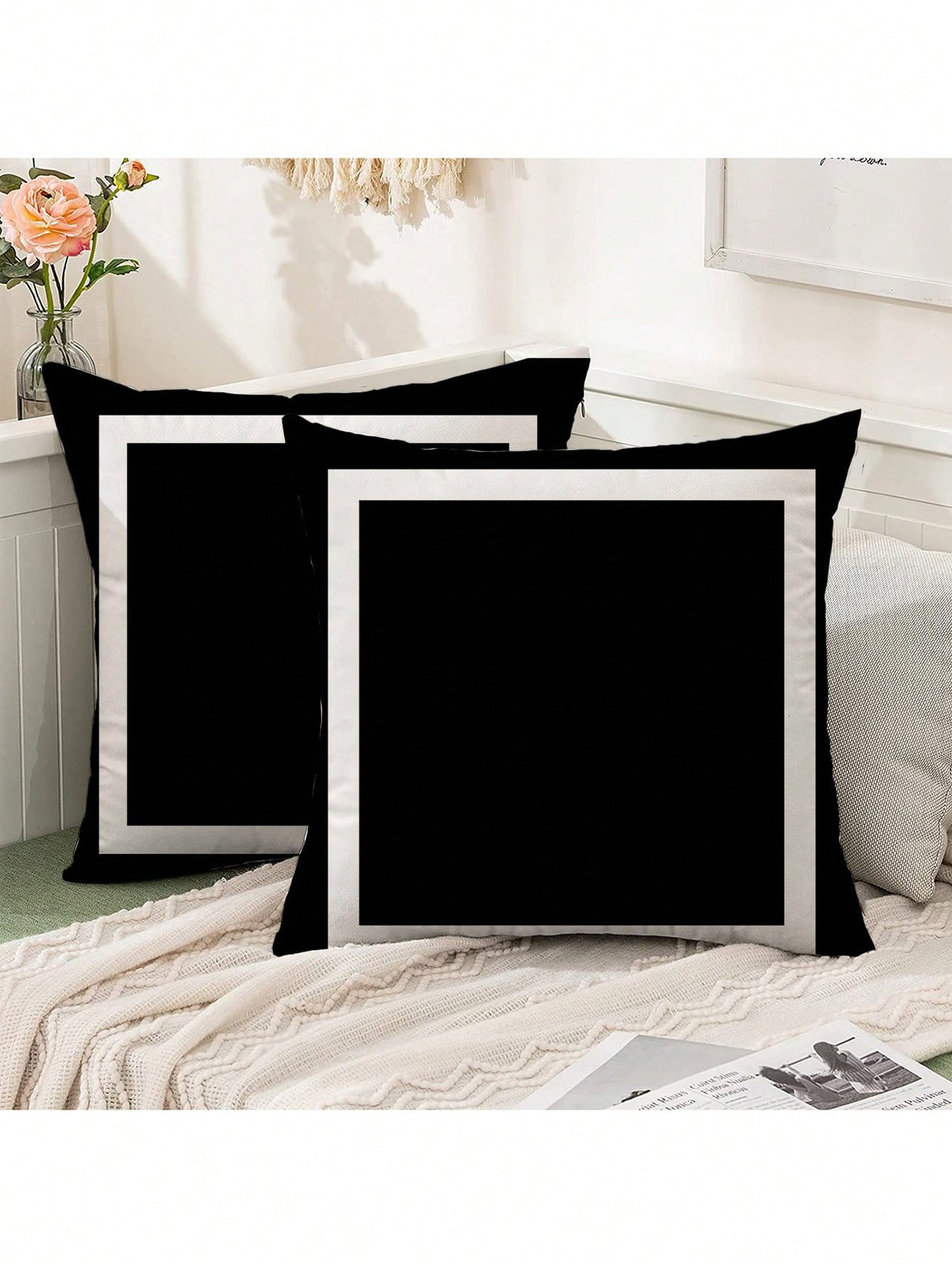 shangxia 2pcs Nordic Black & White Geometric Pattern Pillow Covers- Double-Sided Velvet, Zipper Closure, Machine Washable, 45x45cm, Suitable For Living Room, Sofa, Headboard, Car Etc., Minimalist Dec