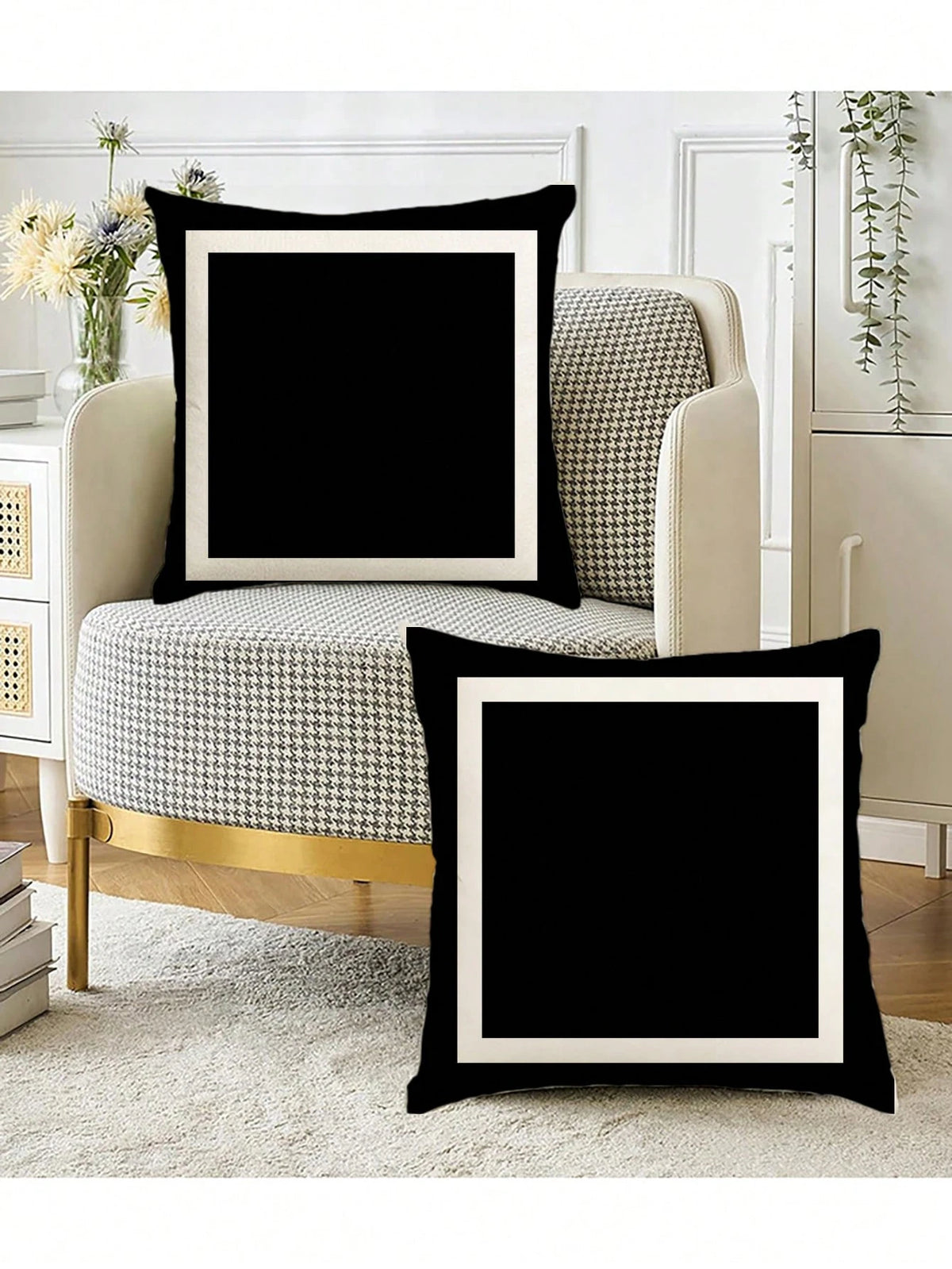 shangxia 2pcs Nordic Black & White Geometric Pattern Pillow Covers- Double-Sided Velvet, Zipper Closure, Machine Washable, 45x45cm, Suitable For Living Room, Sofa, Headboard, Car Etc., Minimalist Dec