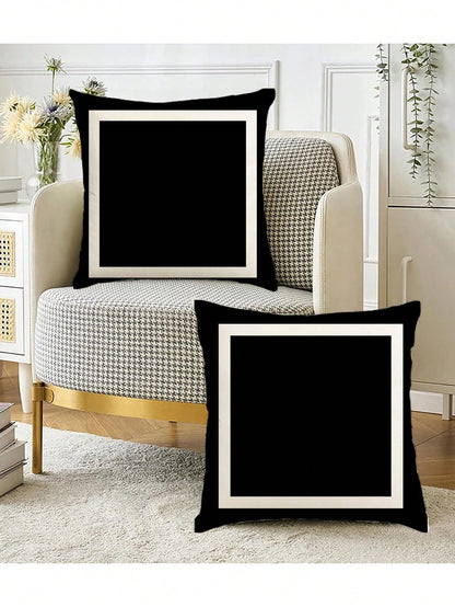 shangxia 2pcs Nordic Black & White Geometric Pattern Pillow Covers- Double-Sided Velvet, Zipper Closure, Machine Washable, 45x45cm, Suitable For Living Room, Sofa, Headboard, Car Etc., Minimalist Dec