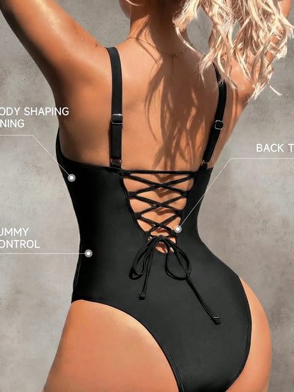 Shapewave Women's Lace Patchwork One-Piece Swimsuit, Suitable For Beach Vacation, Pool Party, Beach Party