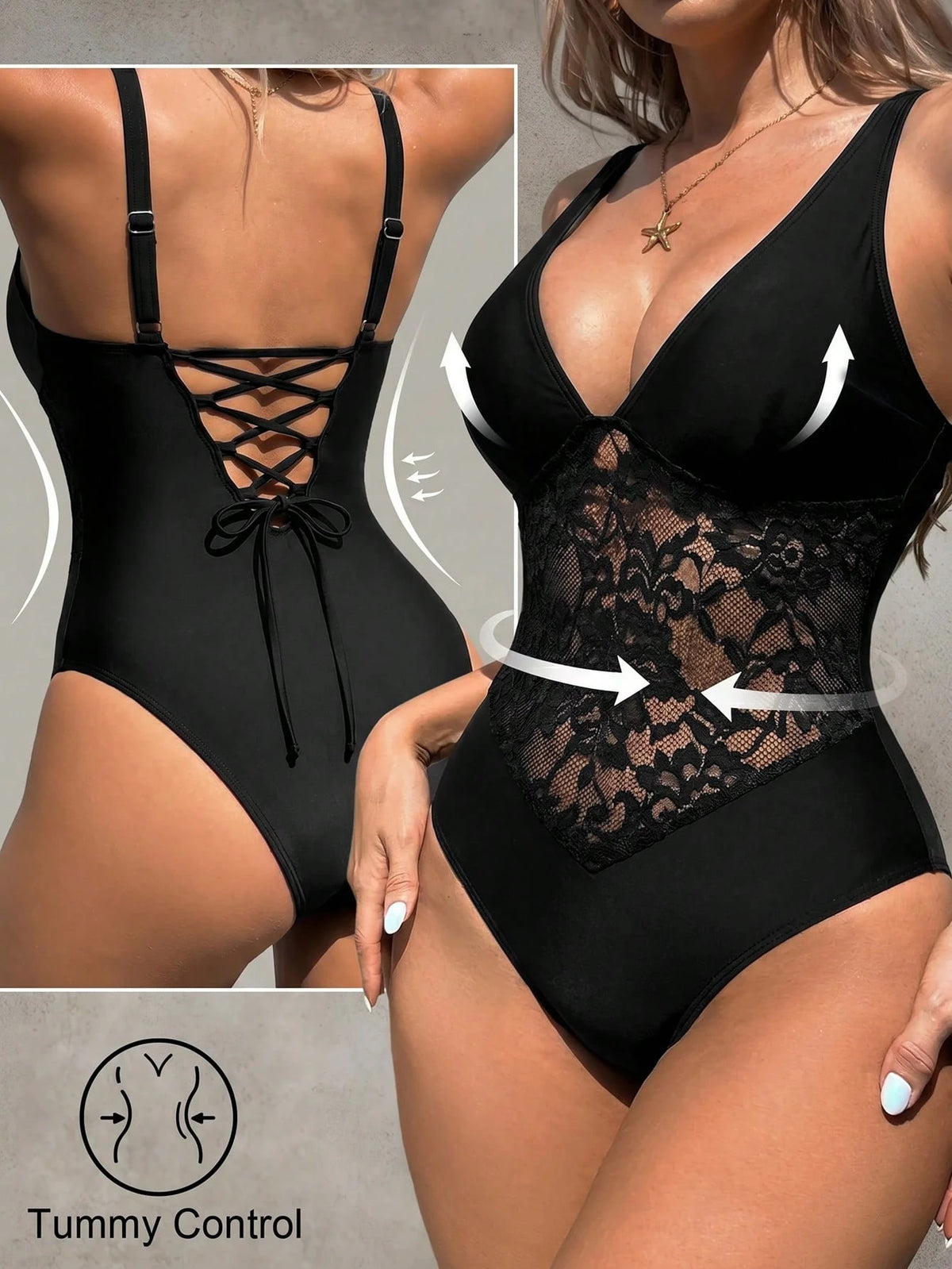 Shapewave Women's Lace Patchwork One-Piece Swimsuit, Suitable For Beach Vacation, Pool Party, Beach Party