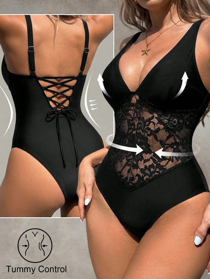 Shapewave Women's Lace Patchwork One-Piece Swimsuit, Suitable For Beach Vacation, Pool Party, Beach Party