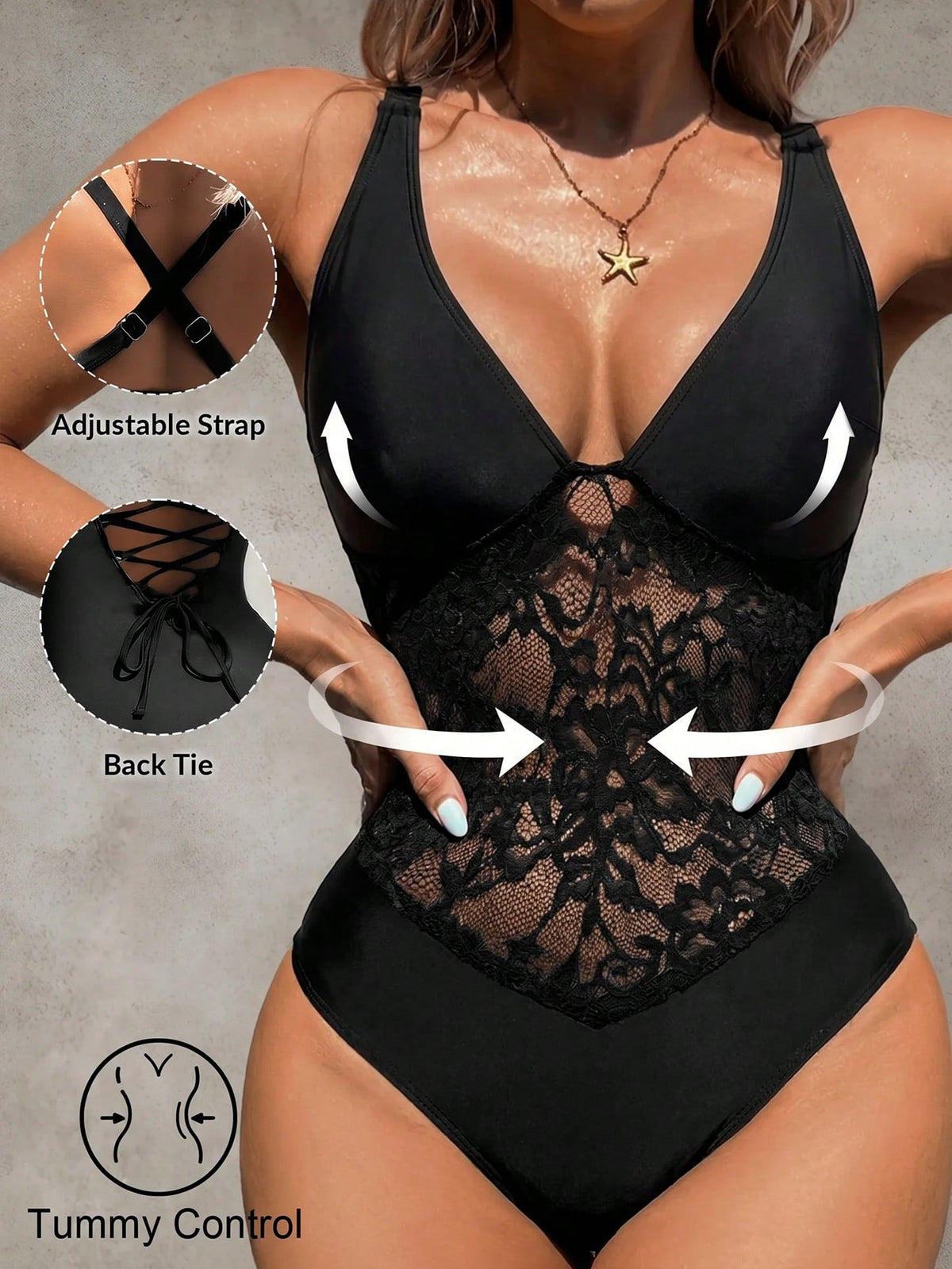 Shapewave Women's Lace Patchwork One-Piece Swimsuit, Suitable For Beach Vacation, Pool Party, Beach Party