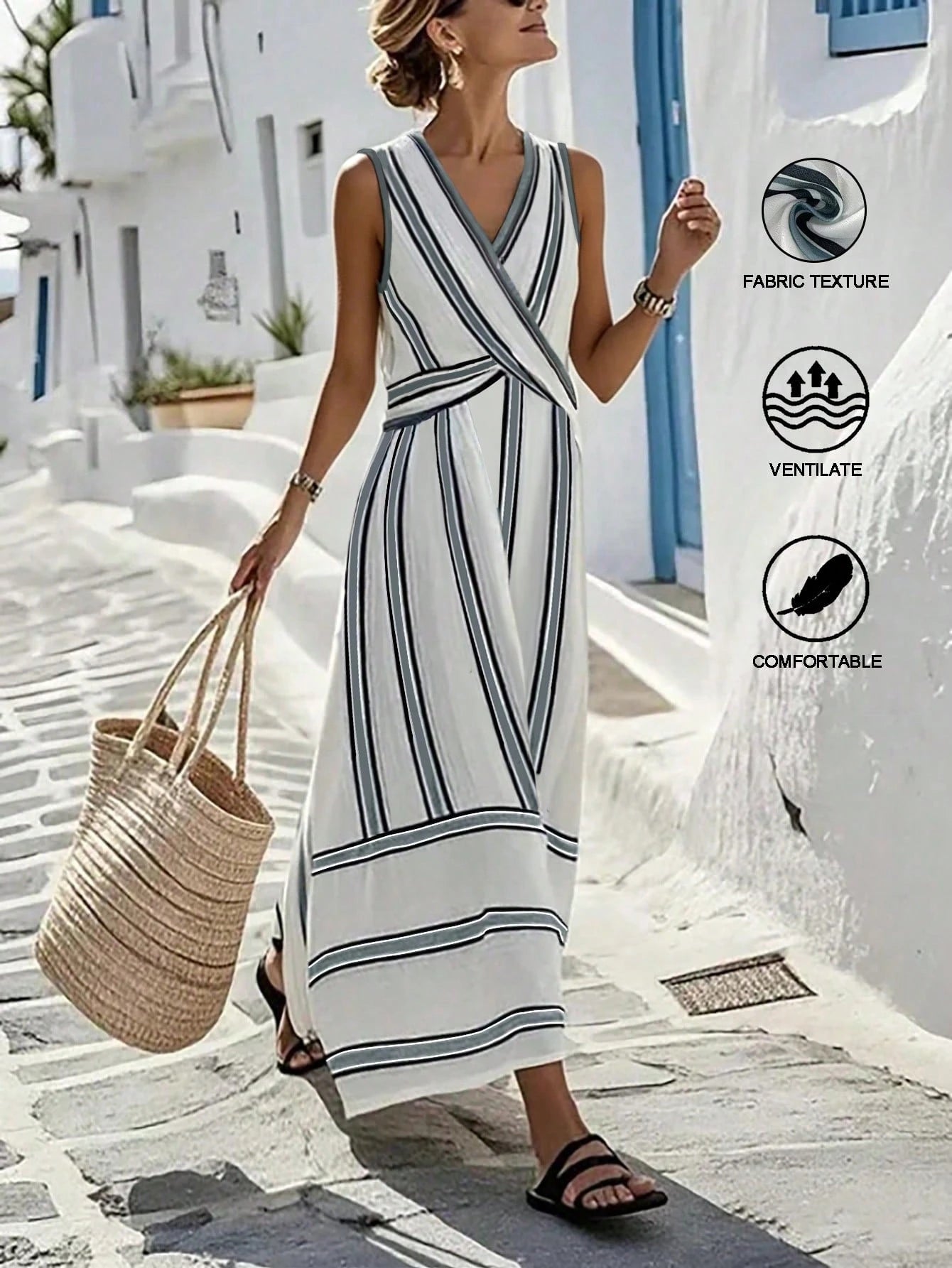 SHEIN Holidaya Women's New Vacation Style Striped V-Neck Criss-Cross Waist Loose Maxi Dress