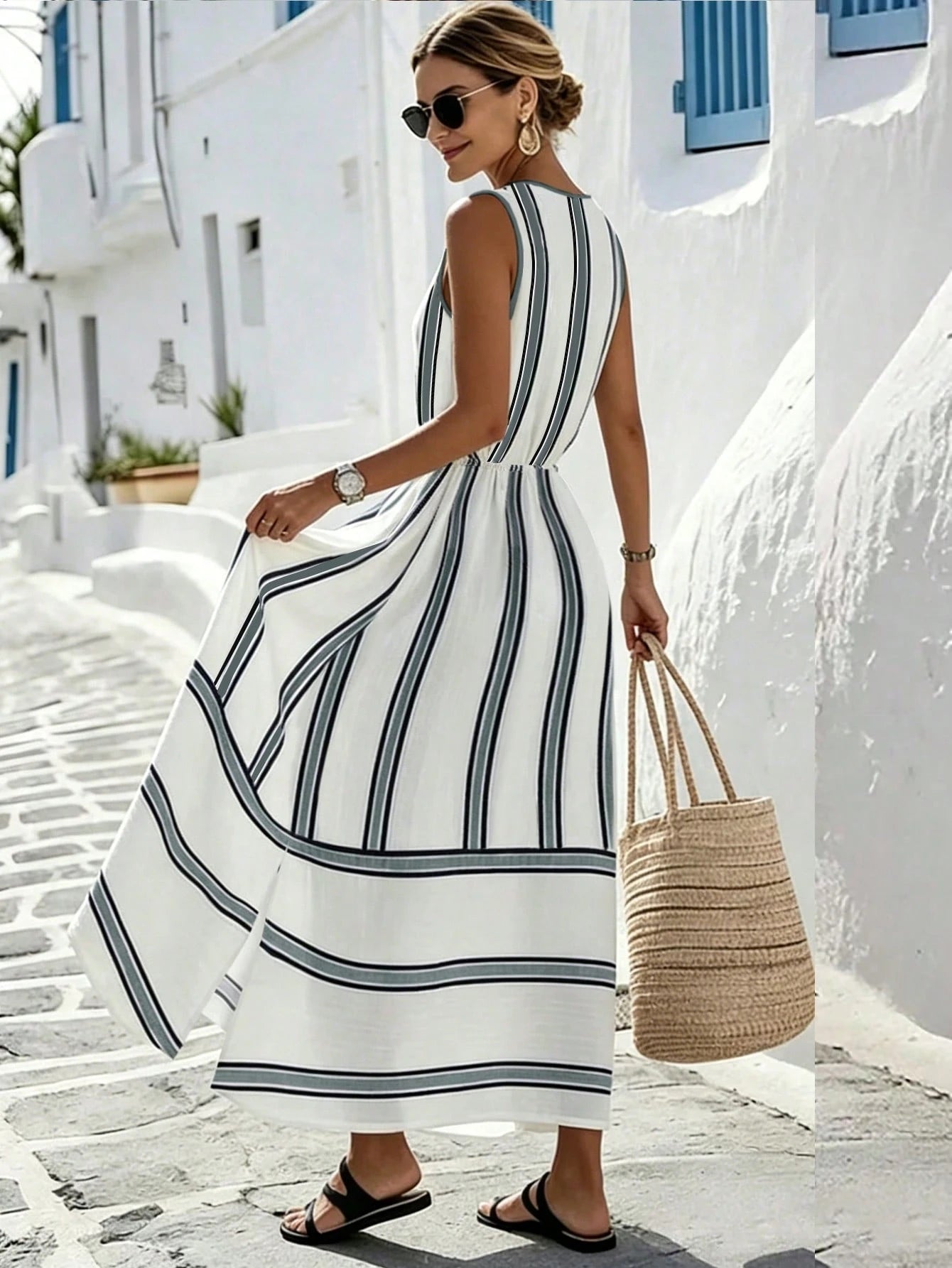 SHEIN Holidaya Women's New Vacation Style Striped V-Neck Criss-Cross Waist Loose Maxi Dress