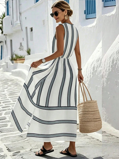 SHEIN Holidaya Women's New Vacation Style Striped V-Neck Criss-Cross Waist Loose Maxi Dress