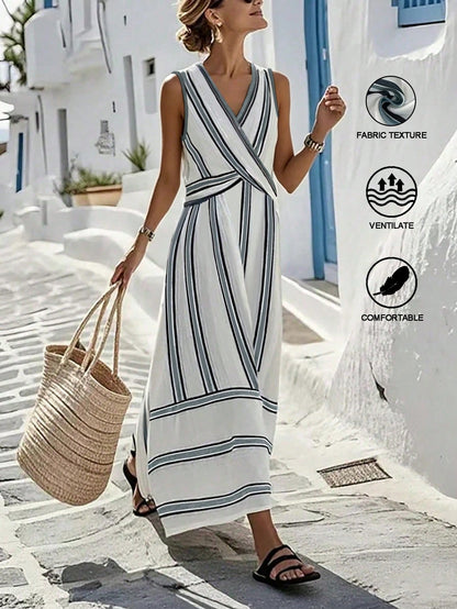 SHEIN Holidaya Women's New Vacation Style Striped V-Neck Criss-Cross Waist Loose Maxi Dress