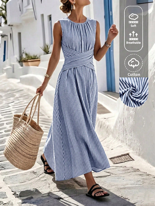 SHEIN LUNE Women's Summer Blue & White Striped Fabric Round Neck Cinched Waist Full Skirt Sleeveless Maxi Dress, Elegant & Sophisticated Birthday Gift, Date, Party, Carnival, Travel, Beach, Vacation,