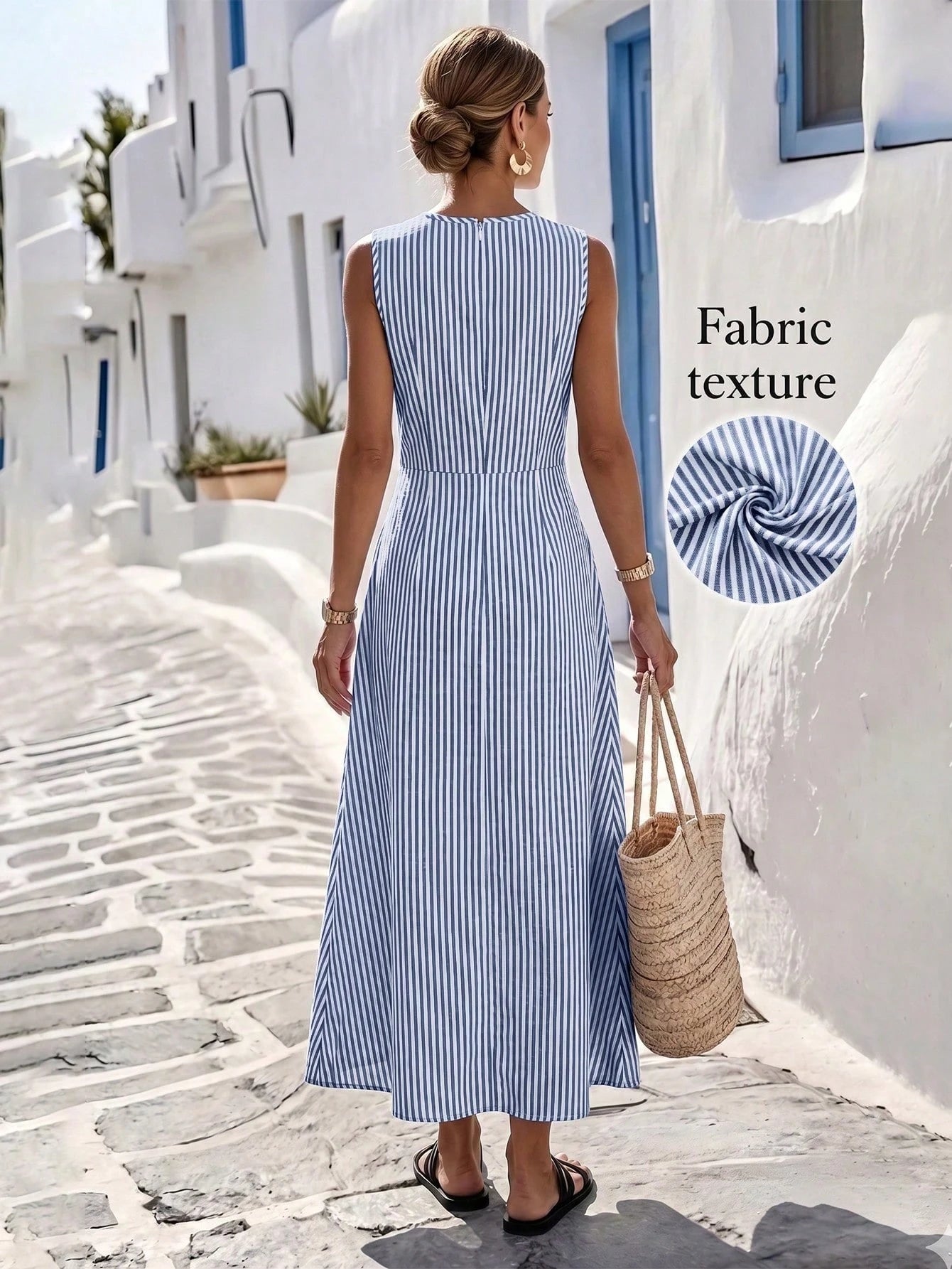 SHEIN LUNE Women's Summer Blue & White Striped Fabric Round Neck Cinched Waist Full Skirt Sleeveless Maxi Dress, Elegant & Sophisticated Birthday Gift, Date, Party, Carnival, Travel, Beach, Vacation,