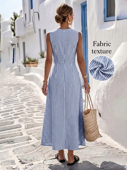 SHEIN LUNE Women's Summer Blue & White Striped Fabric Round Neck Cinched Waist Full Skirt Sleeveless Maxi Dress, Elegant & Sophisticated Birthday Gift, Date, Party, Carnival, Travel, Beach, Vacation,