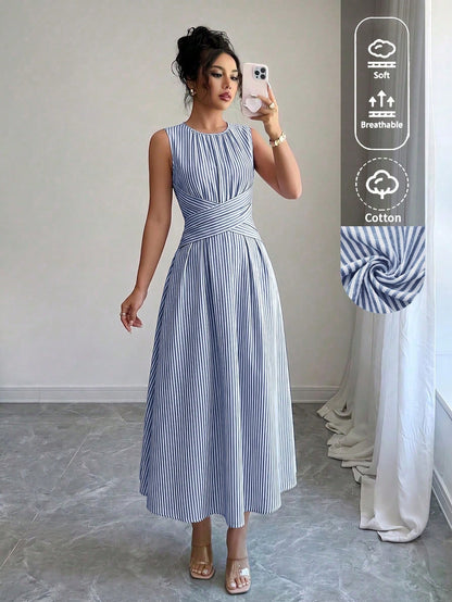SHEIN LUNE Women's Summer Blue & White Striped Fabric Round Neck Cinched Waist Full Skirt Sleeveless Maxi Dress, Elegant & Sophisticated Birthday Gift, Date, Party, Carnival, Travel, Beach, Vacation,