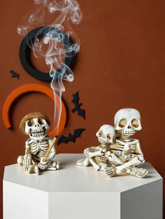 SHEIN1pc Skeleton Incense Stick Holder Figurines, Straw Hat Single Skull & Parent-Child Hugging Double Skull Resin Incense Burner, Gothic Halloween Desktop Aromatherapy Decor Ornaments