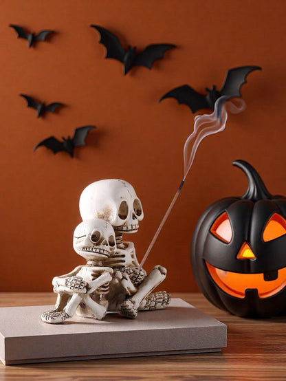 SHEIN1pc Skeleton Incense Stick Holder Figurines, Straw Hat Single Skull & Parent-Child Hugging Double Skull Resin Incense Burner, Gothic Halloween Desktop Aromatherapy Decor Ornaments