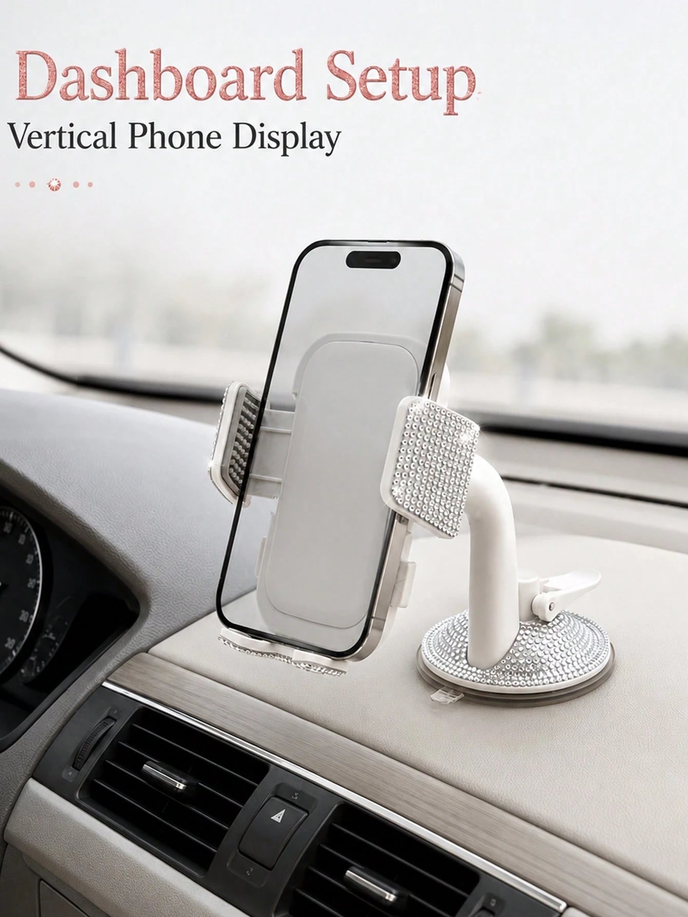 Shiny Rhinestone Car Phone Holder, Suction Cup Base, Multi-Surface Universal Diamond-Studded Phone Stand, Anti-Shake Adjustable Smartphone Mount, Suitable For Car Dashboard, Desk, Bedside Table, Hands