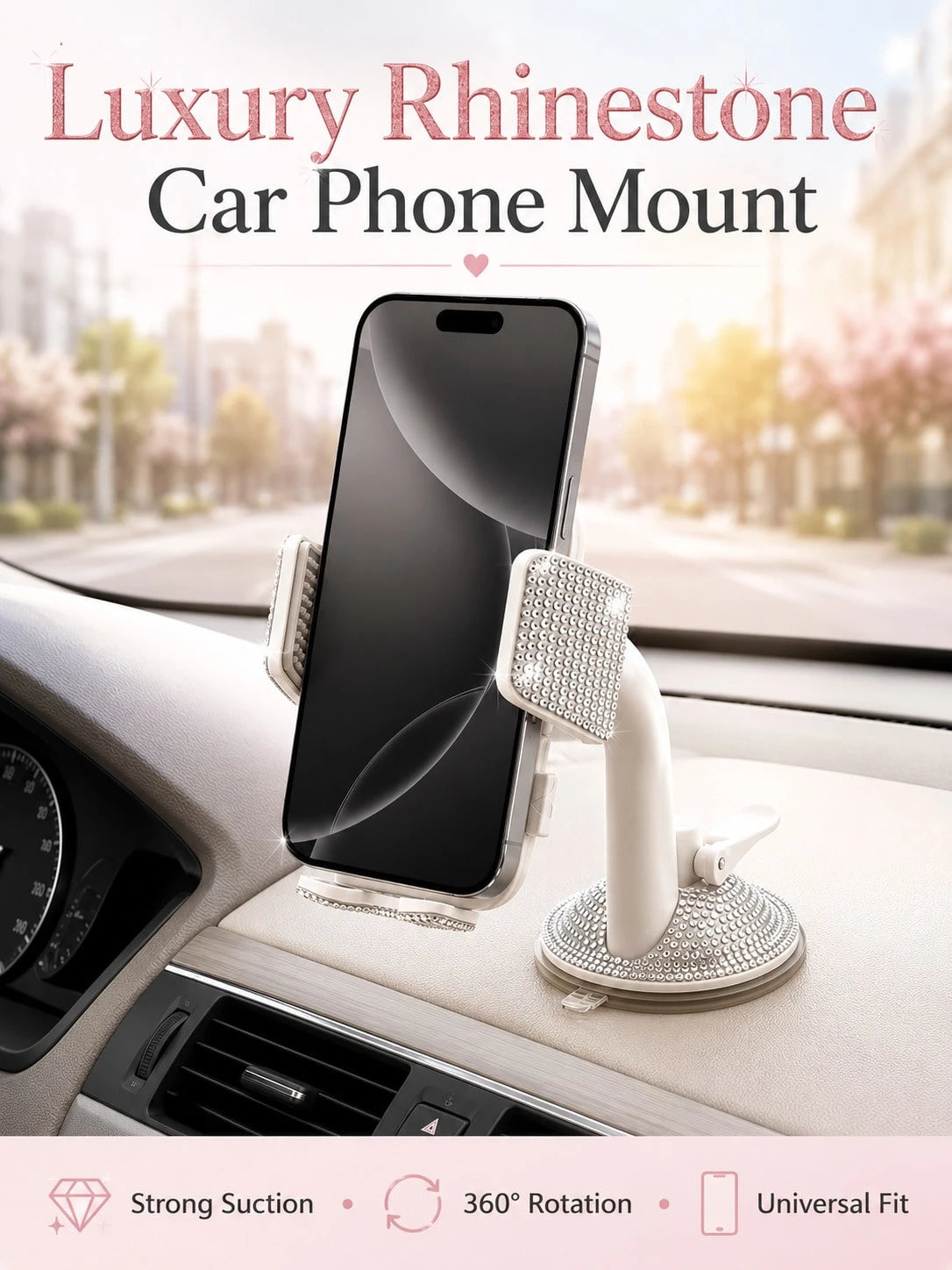 Shiny Rhinestone Car Phone Holder, Suction Cup Base, Multi-Surface Universal Diamond-Studded Phone Stand, Anti-Shake Adjustable Smartphone Mount, Suitable For Car Dashboard, Desk, Bedside Table, Hands