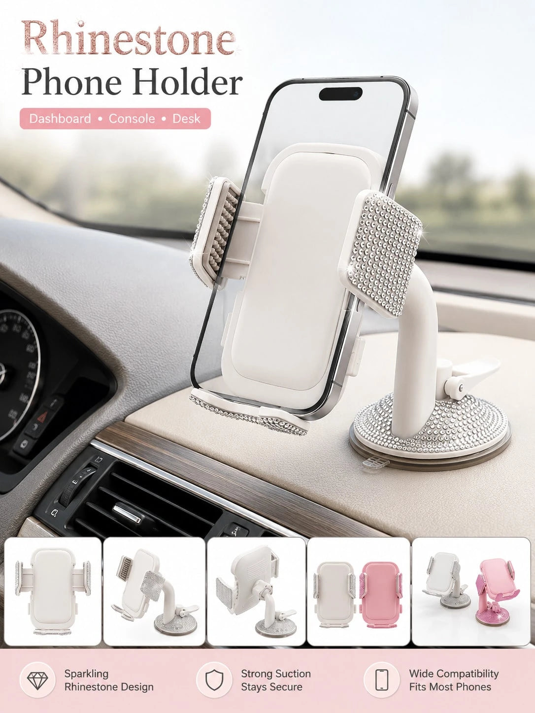 Shiny Rhinestone Car Phone Holder, Suction Cup Base, Multi-Surface Universal Diamond-Studded Phone Stand, Anti-Shake Adjustable Smartphone Mount, Suitable For Car Dashboard, Desk, Bedside Table, Hands