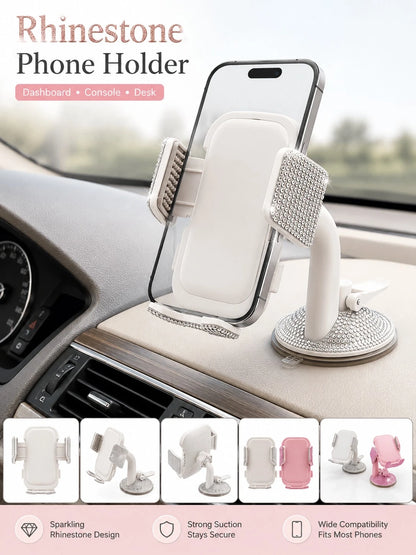 Shiny Rhinestone Car Phone Holder, Suction Cup Base, Multi-Surface Universal Diamond-Studded Phone Stand, Anti-Shake Adjustable Smartphone Mount, Suitable For Car Dashboard, Desk, Bedside Table, Hands