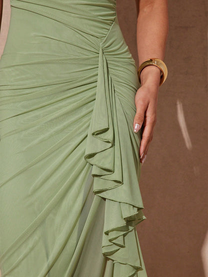 Silquee Summer Elegant Sage Green Seductive Mesh Bodycon Party Dress,Women's Flowing Ruffled Slit Maxi Dress For Valentine's Day,Date Night&Vacation