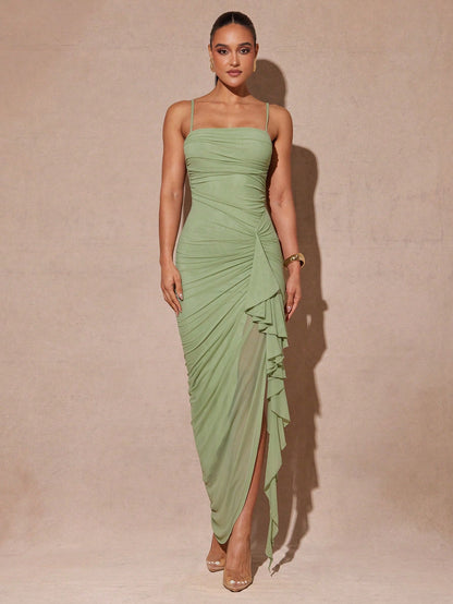 Silquee Summer Elegant Sage Green Seductive Mesh Bodycon Party Dress,Women's Flowing Ruffled Slit Maxi Dress For Valentine's Day,Date Night&Vacation