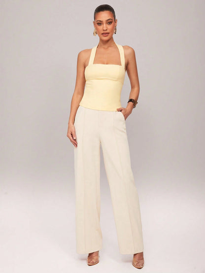 Silquee Women's Solid Color Ruffle Tights Crop Top, Fashionable Slim-Fit Halter Neck Camisole Office Vacation Commuter Pale Yellow Summer Minimalist Elegant