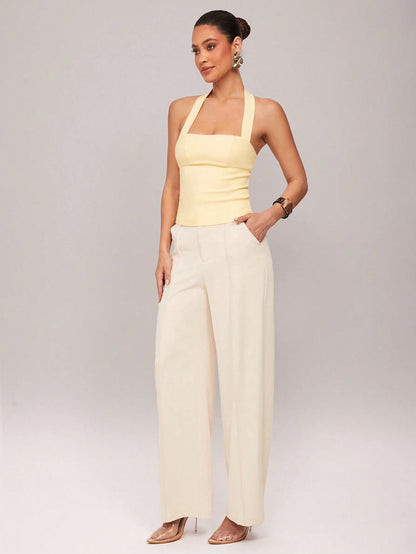Silquee Women's Solid Color Ruffle Tights Crop Top, Fashionable Slim-Fit Halter Neck Camisole Office Vacation Commuter Pale Yellow Summer Minimalist Elegant