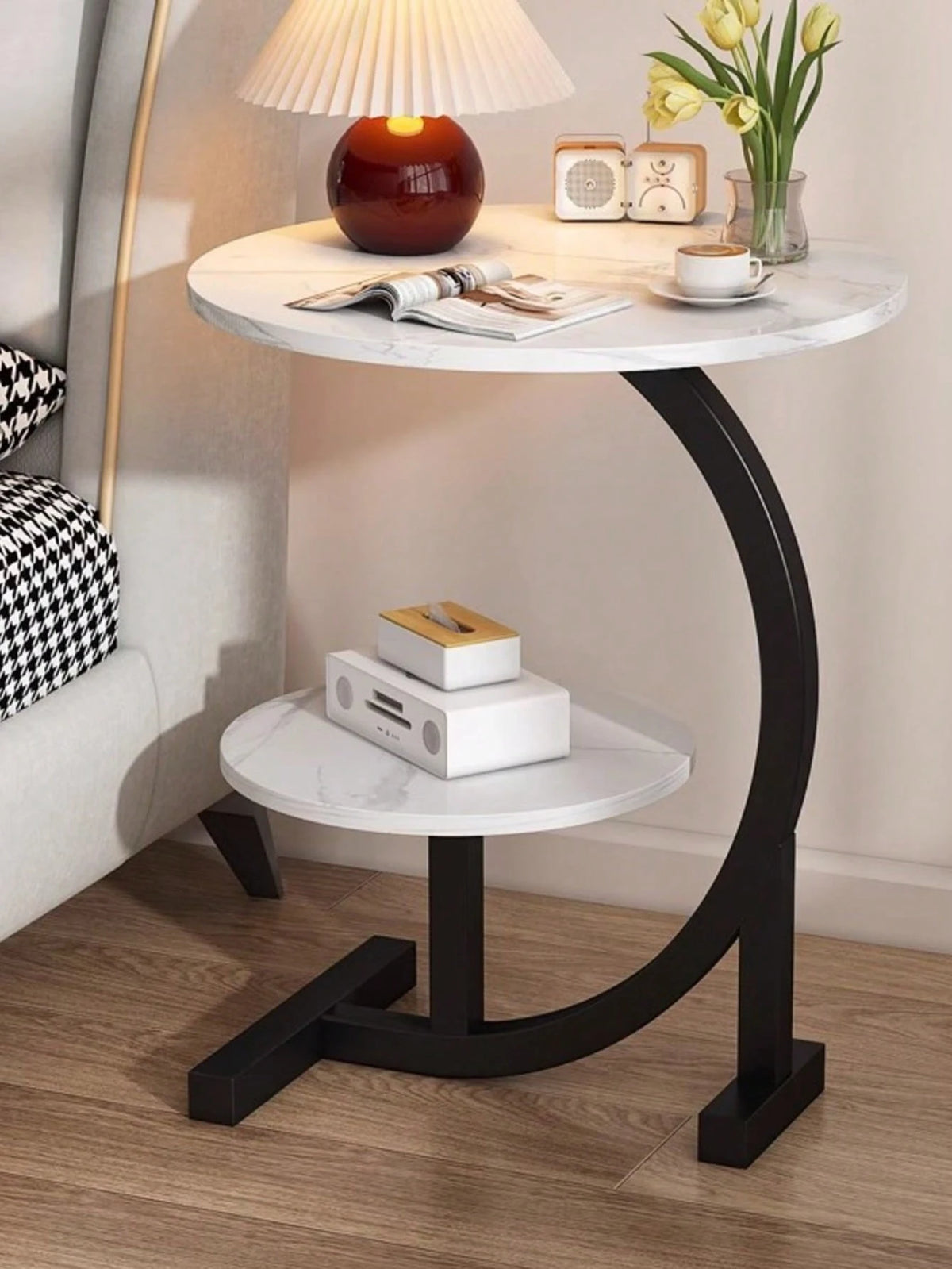 Simple Luxury Solid Wood Circular Coffee Table- Modern Double-Layer Sofa Side Cabinet, Creative Lightweight Luxury Side Table, Chic And Simple Living Room Circular Coffee Table, Suitable For Bedroom