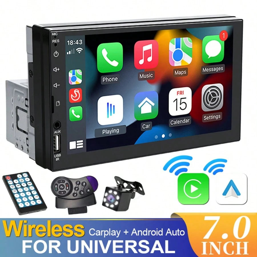 Single DIN Car MP5 Player, Supports Wireless CarPlay And Android Auto, 7-Inch HD Touchscreen, Bluetooth, Stereo, 12V Power, FM Radio, ISO Interface, AUX Input, SD Card Slot, USB Port, With/Without Cam