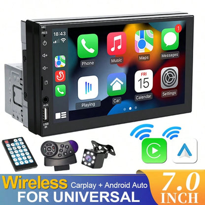 Single DIN Car MP5 Player, Supports Wireless CarPlay And Android Auto, 7-Inch HD Touchscreen, Bluetooth, Stereo, 12V Power, FM Radio, ISO Interface, AUX Input, SD Card Slot, USB Port, With/Without Cam