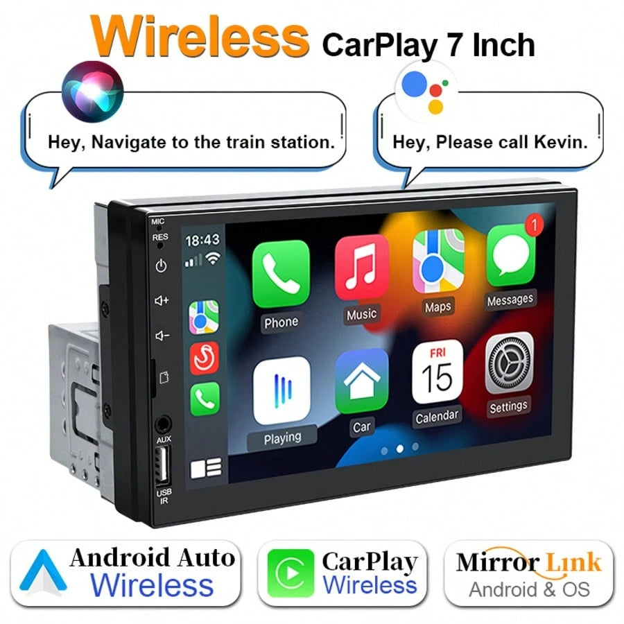 Single DIN Car MP5 Player, Supports Wireless CarPlay And Android Auto, 7-Inch HD Touchscreen, Bluetooth, Stereo, 12V Power, FM Radio, ISO Interface, AUX Input, SD Card Slot, USB Port, With/Without Cam