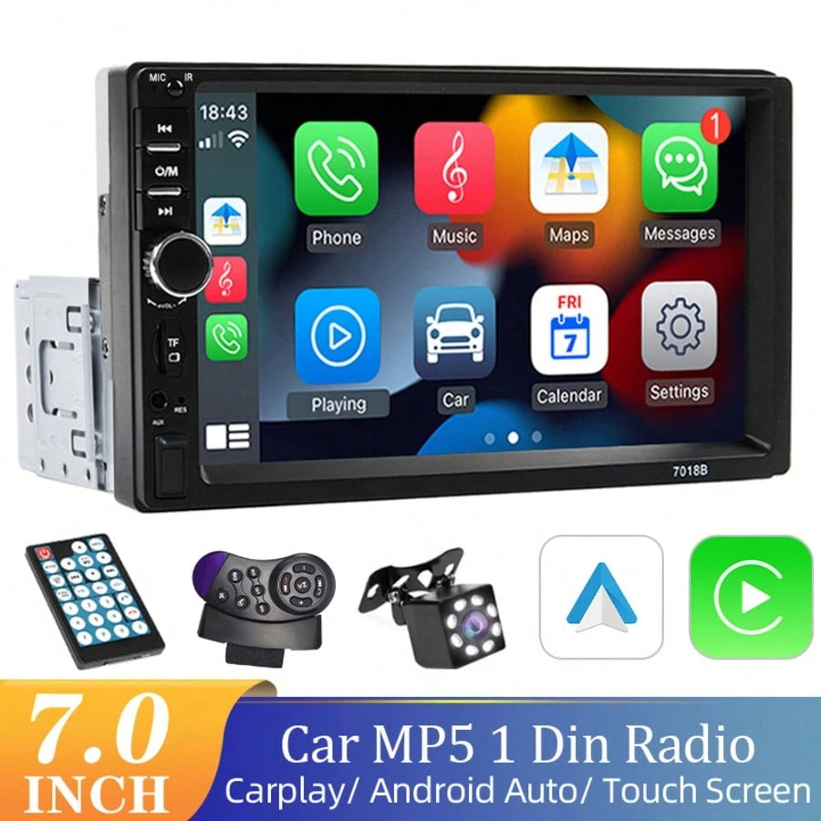 Single DIN Car Radio, 7-Inch Multimedia Player, Supports CarPlay, Android Auto, High-Definition Touchscreen, MirrorLink, FM/AUX Input
