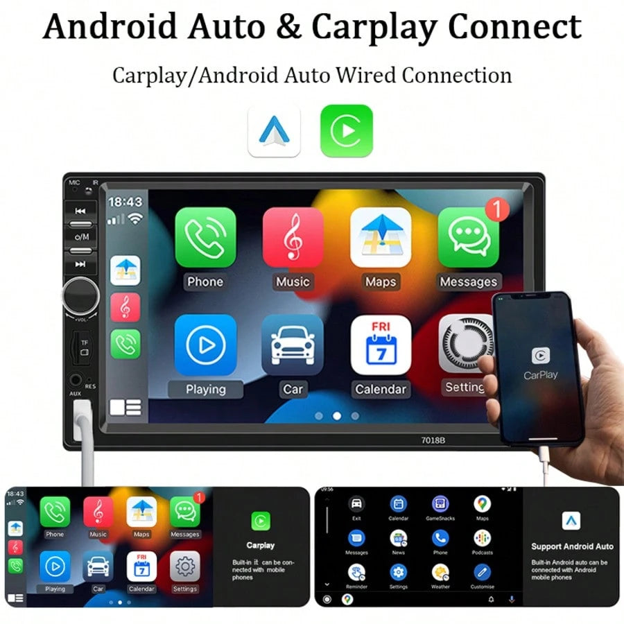 Single DIN Car Radio, 7-Inch Multimedia Player, Supports CarPlay, Android Auto, High-Definition Touchscreen, MirrorLink, FM/AUX Input