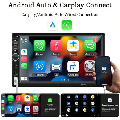 Single DIN Car Radio, 7-Inch Multimedia Player, Supports CarPlay, Android Auto, High-Definition Touchscreen, MirrorLink, FM/AUX Input