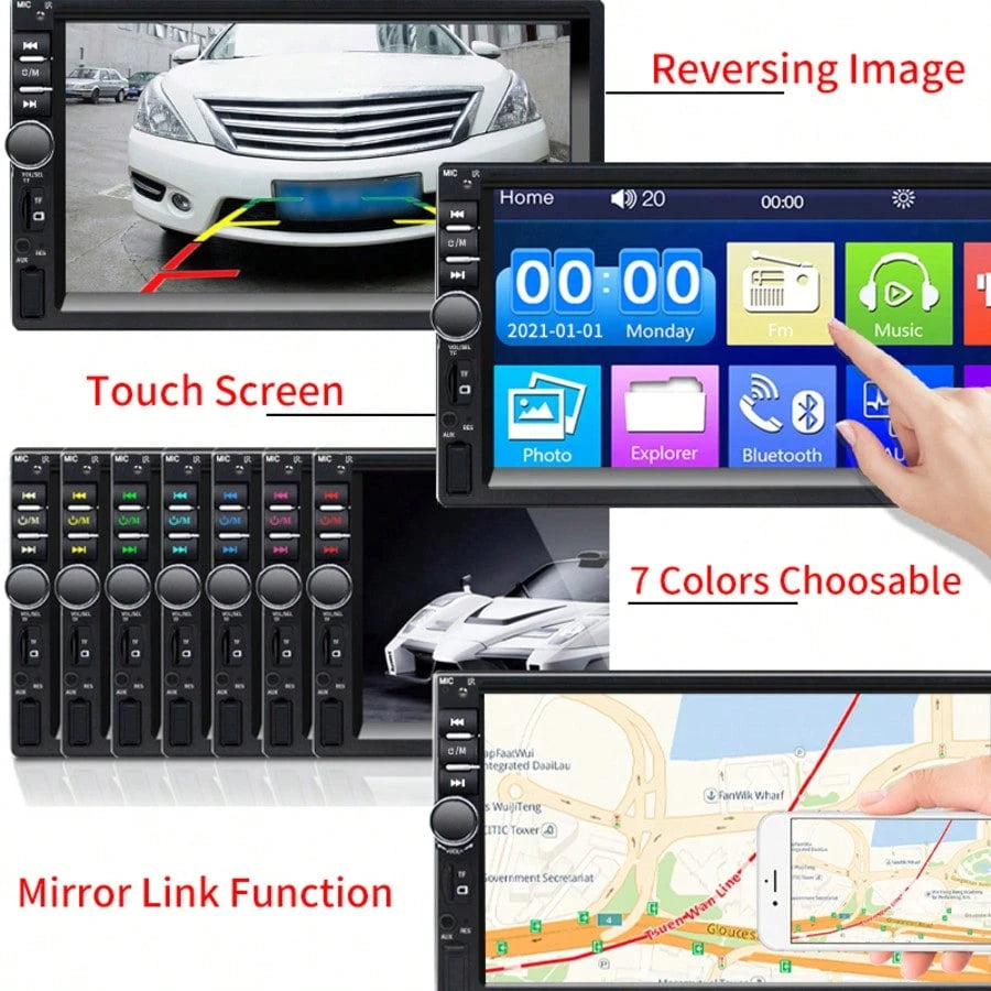 Single DIN Car Radio, 7-Inch Multimedia Player, Supports CarPlay, Android Auto, High-Definition Touchscreen, MirrorLink, FM/AUX Input