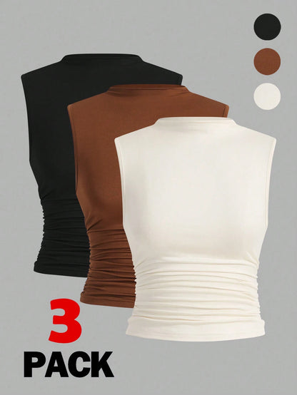Siren Gaze 3pcs Pleated Sleeveless Blouse Tops Summer Casual