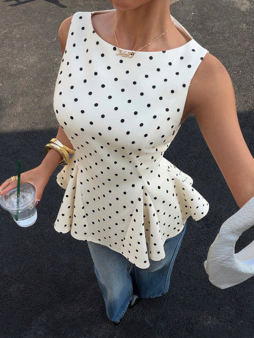 Siren Gaze Elegant 70s White With Black Polka Dots Peplum Top, Retro Sleeveless Fitted Waist A-Line Blouse For Women, Cute Tea Party Date