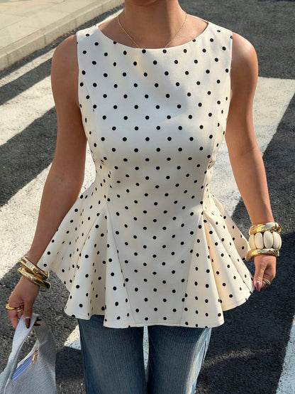 Siren Gaze Elegant 70s White With Black Polka Dots Peplum Top, Retro Sleeveless Fitted Waist A-Line Blouse For Women, Cute Tea Party Date