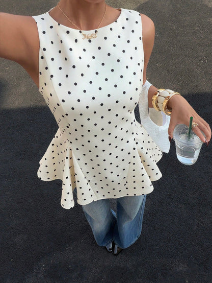 Siren Gaze Elegant 70s White With Black Polka Dots Peplum Top, Retro Sleeveless Fitted Waist A-Line Blouse For Women, Cute Tea Party Date
