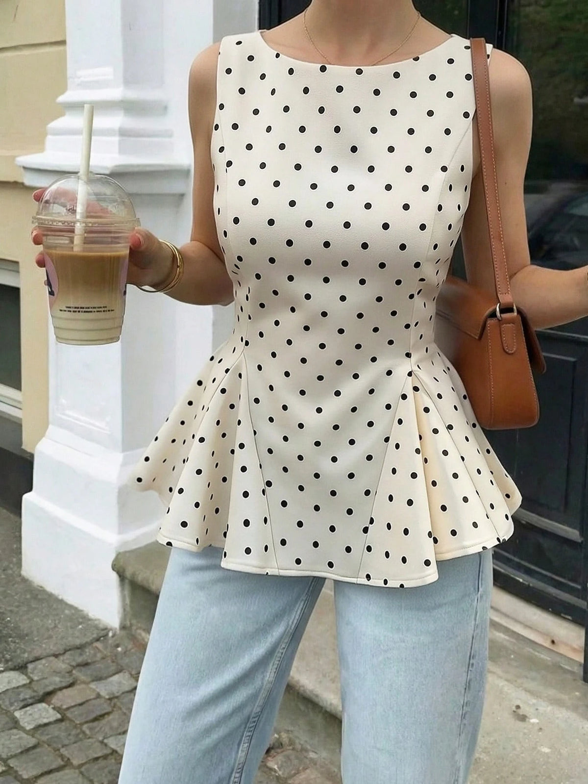 Siren Gaze Elegant 70s White With Black Polka Dots Peplum Top, Retro Sleeveless Fitted Waist A-Line Blouse For Women, Cute Tea Party Date
