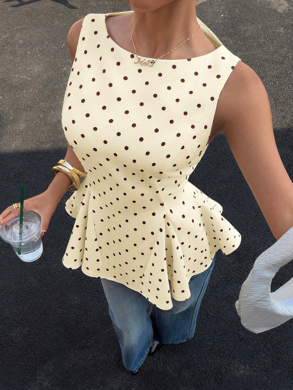 Siren Gaze Elegant 70s White With Black Polka Dots Peplum Top, Retro Sleeveless Fitted Waist A-Line Blouse For Women, Cute Tea Party Date