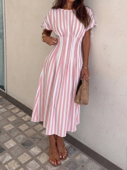 Siren Gaze Summer Elegant French Casual Pink And White Striped Dress, Beach Vacation Vacation Wedding Guest Outfits, Summer Dresses