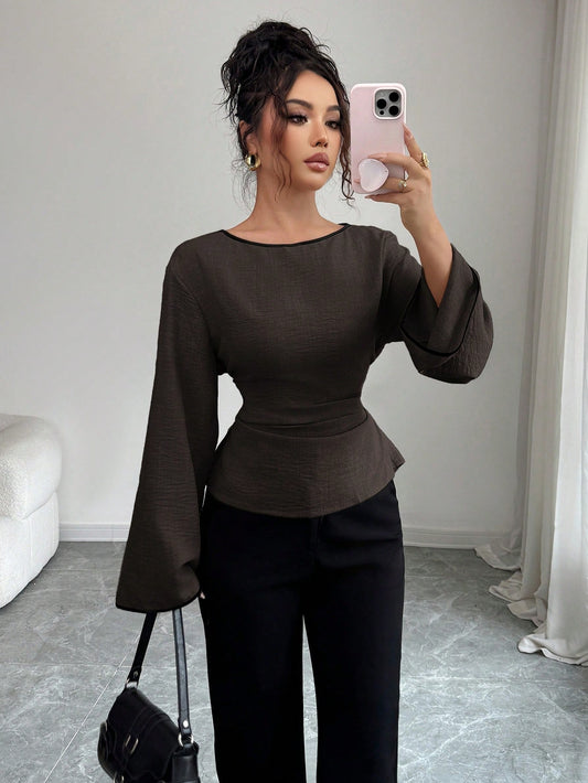 Siren Gaze Women's Elegant Back Tie Waist Long Sleeve Shirt, Suitable For Commuting In Autumn Dark Brown Top Casual Classy Top